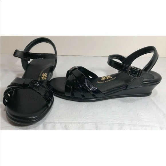 SAS Shoes - SAS Women’s Black Leather Ankle Strap Wedge Sandal